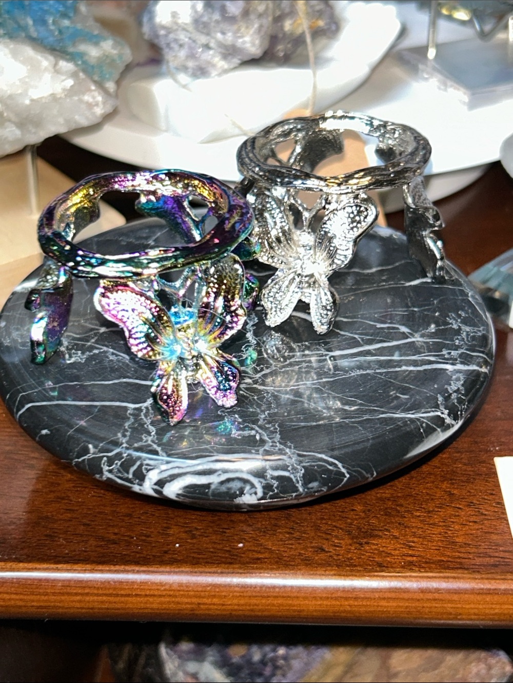 2/$29 - Butterfly Crystals Rocks Precious Gem Sphere Stand - Rainbow & Silver